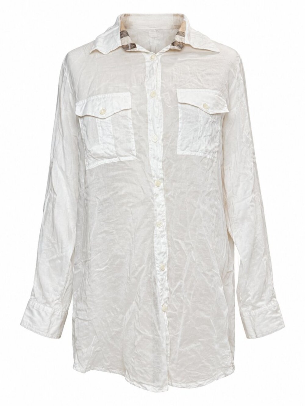 Burberry London White Cotton Shirt Check Collar Trim M